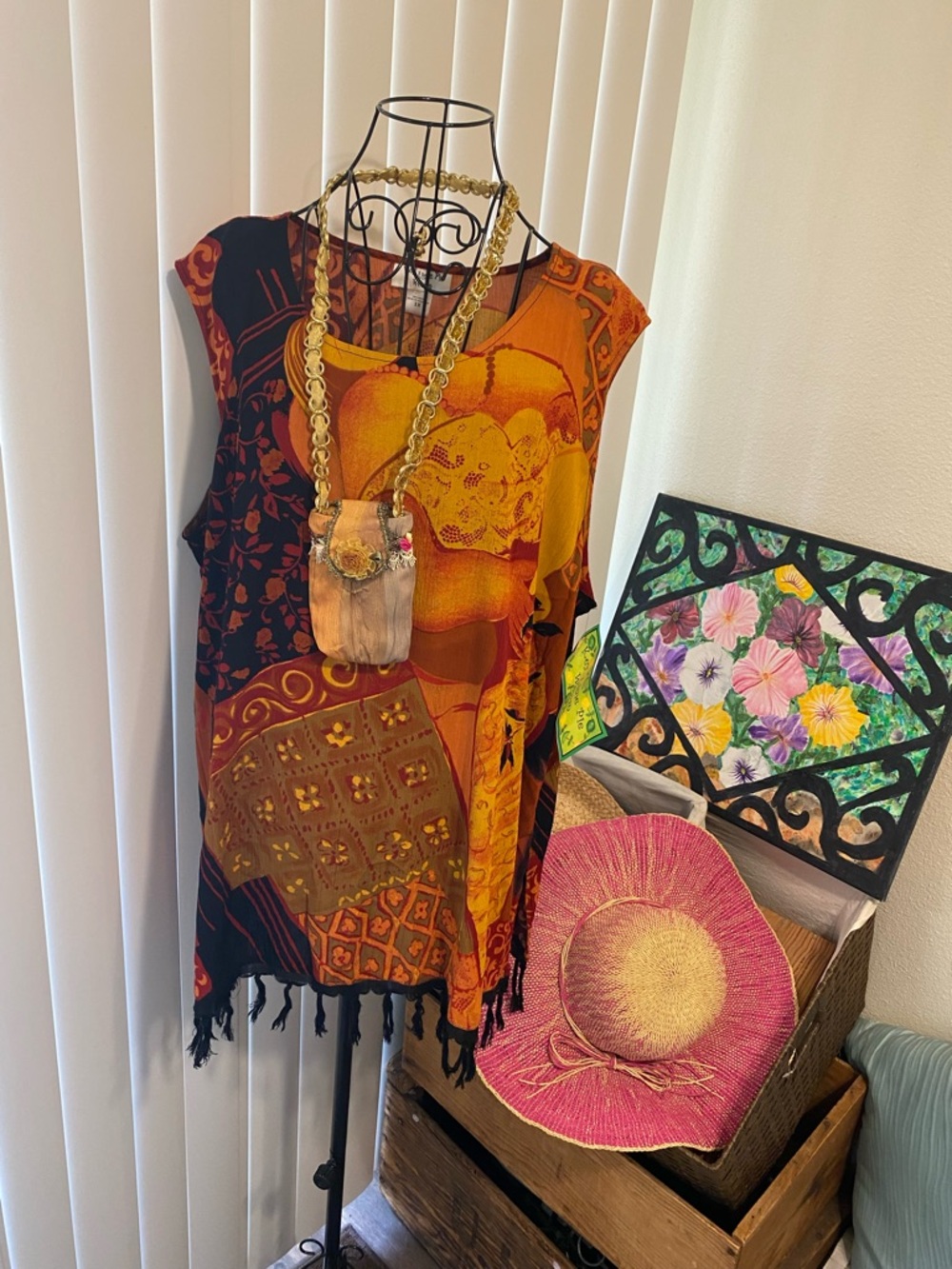 Sleeveless Orange & Rust Patchwork Tank Top with Fringe